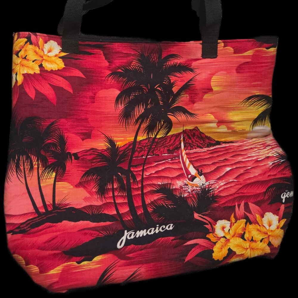 Vintage Jamaica Negril Sunset Palm Tree Tote Bag - Caribbean Souvenir Beach
